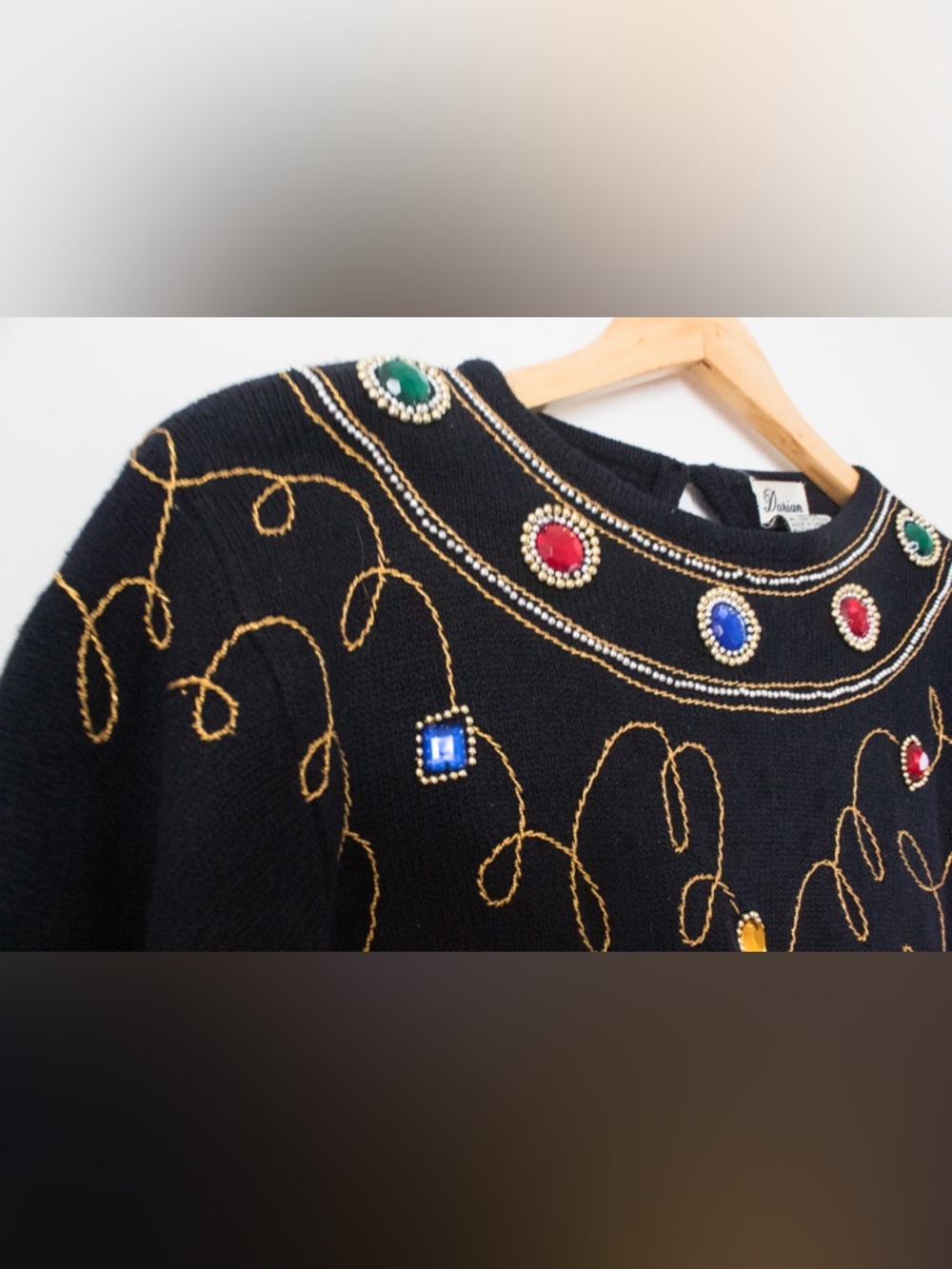 Darian | Vintage 80's Black Jeweled Long Sleeved Sweater Dress | Size Medium - Picture 5 of 8